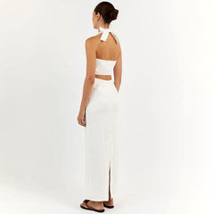 Khaki Cotton Linen Sleeveless Vest Camisole Slim Fit Maxi Skirt Set Skirt