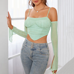 Boning Corset Boning Corset cropped Pleated Mesh T shirt Vest Camisole