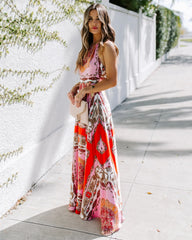 Halter Maxi Dress Exotic Printed High Waist Sleeveless Office Dress