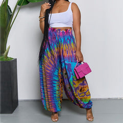 Casual Printing Loose Tappered Tied High Waist Pants
