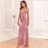 V-Ausschnitt U-Rücken Luxus-Partykleid Meerjungfrau funkelndes langes Abendkleid mit Pailletten