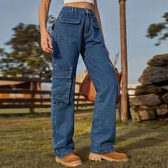 Retro Washed Half Elastic Multi Pocket Denim Cargo Pants Casual Pants