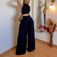 Casual Set Halter Slim Fit Elegant Chest Wrapped High Waist Trousers Two Piece Set
