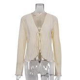 Cardigan Lace-up Slim Flared Long Sleeve Pleated Shirt French textured