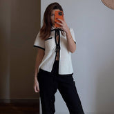 Striped Collared Pocket Short Sleeve Top Suit Beach Bohemian Contrast Color Long Skirt