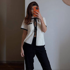 Striped Collared Pocket Short Sleeve Top Suit Beach Bohemian Contrast Color Long Skirt