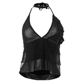 Haut court noir en maille avec lacets et oreilles en bois