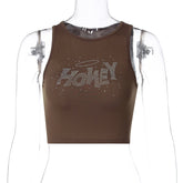 Letter Graphic Drilling Slim Fit Cropped Sleeveless Vest