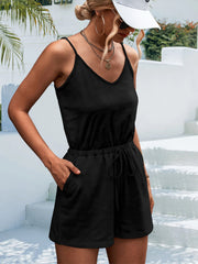 Einfarbige, lockere, lässige Jumpsuit-Shorts mit V-Ausschnitt