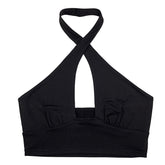 Rückenfreier, kabelloser Slim Fit-Neckholder, Criss-Cross-Typ, einfarbig, kurz, schwarz, Rundhalsausschnitt, kurze Weste, umwickelte Brust