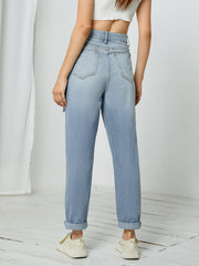 Pantalon droit délavé avec trous cassés, jean taille haute