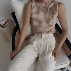 Cutout Dehaired Angora Covering Yarn Sleeveless Knitted Pullover Vest Top