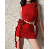 Eleganter Slim Fit Casual Floral Top Hip Skirt Anzug