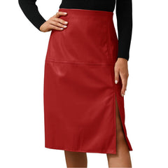 Leather Skirt High Waist Slit Hem Sheath A line Overall Dress