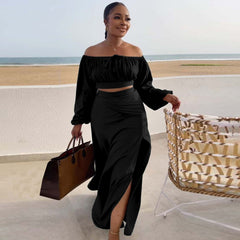 Ensemble deux pièces avec jupe portefeuille et manches lanternes