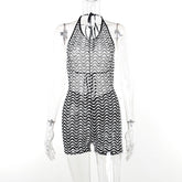 Halterneck with Suspenders Contrast Color Striped See through Slim Fit Backless Lace up Romper