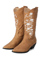 Bottes de cowboy rétro en cuir brodé de fleurs