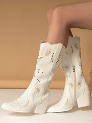 White Embroidered Flower Leather Cowboy Boots
