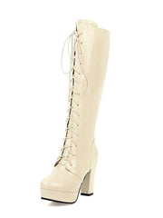 Bottes à talons hauts solides à lacets en cuir verni brillant