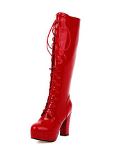 Shiny Patent Leather Lace-Up Solid High Heel Boots