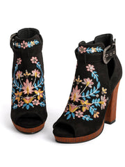Black Floral Embroidered Open-Toe Ankle Boots
