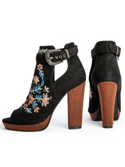 Black Floral Embroidered Open-Toe Ankle Boots