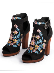 Black Floral Embroidered Open-Toe Ankle Boots