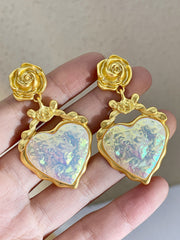 Alloy Rose Reflective Pleated Heart Earrings
