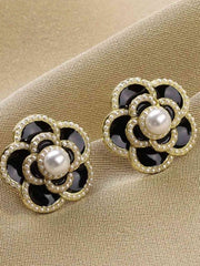 Black & White Pearl Camellia Stud Earrings
