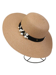 Chapeau de soleil pliable vintage à large bord avec perles