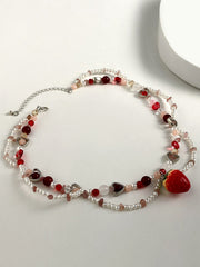 Collier de perles doubles fraise et cœur