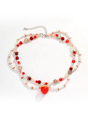 Collier de perles doubles fraise et cœur