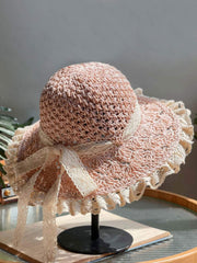 Chapeau de soleil rose pâle avec nœud en dentelle fait main