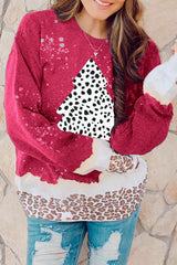 Red Leopard Christmas Tree Print Loose Fit Graphic Sweatshirt