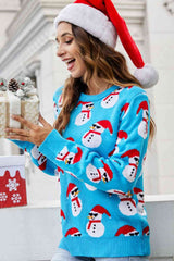 Pull col rond côtelé motif bonhomme de neige de Noël