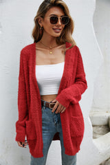 Flauschige Strickjacke mit offener Vorderseite und durchbrochenem Muster und Taschen