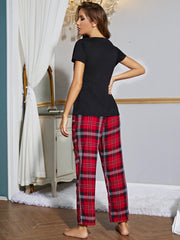 Heart Graphic V-Neck Top Plaid Pants Lounge Set