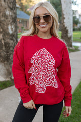 Red Leopard Christmas Tree Print Pullover Graphic Sweatshirt
