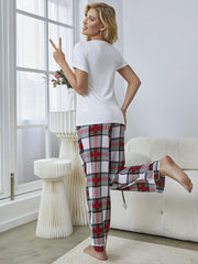 V-Neck Tee Plaid Pants Lounge Set
