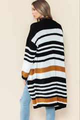 Striped Drop Shoulder Open Front Long Cardigan