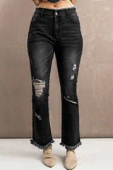 Jeans mit hoher Taille und Used-Look und offenem Saum