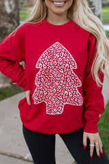 Red Leopard Christmas Tree Print Pullover Graphic Sweatshirt