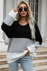 Grobstrickpullover mit langen Ärmeln und Farbblock