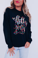 Schwarzes, lässiges Sweatshirt mit Rundhalsausschnitt und Grafik „Holly Jolly“
