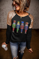 Black Sequined Raglan Sleeve Nutcracker Graphic Tee