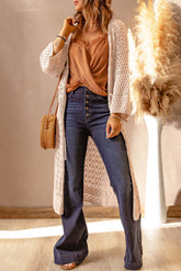 Cardigan long en crochet à manches longues et épaules tombantes