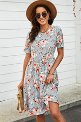Striped Floral Short Sleeve Dress with Pockets