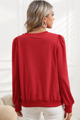 Red merry Graphic Button Tab Bishop Sleeve Top