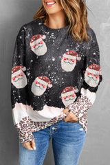 Schwarzes Sweatshirt mit Pailletten und Weihnachtsmann-Grafik im Leopardenmuster
