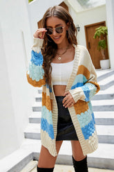 Color Block Drop Shoulder Open Front Cardigan
